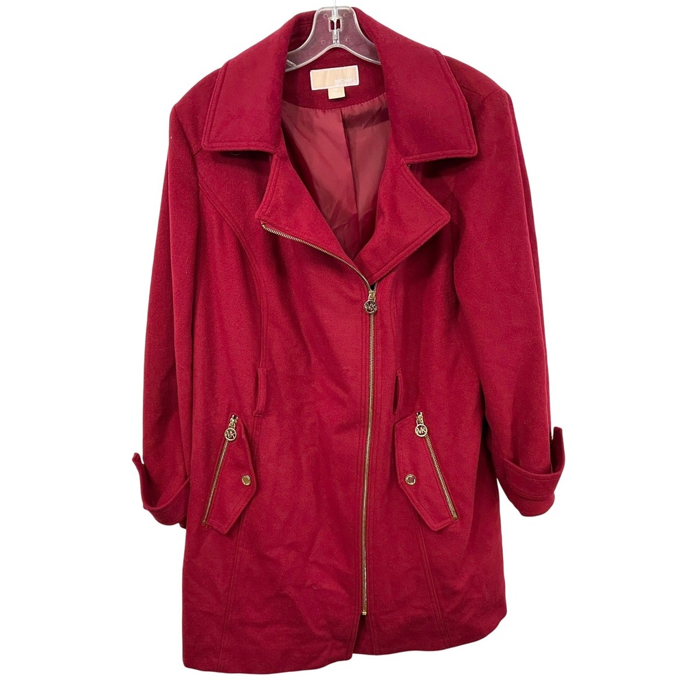 Michael Kors Plus Size 0X Pea Coat Red Wool Zip Gold Fall Trench Academia E